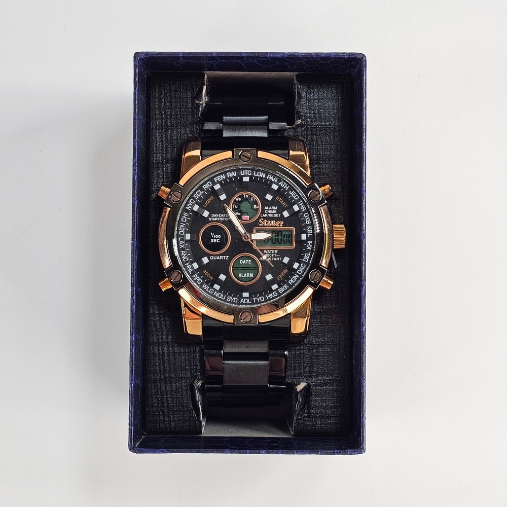 Stauer Mens Due Volta Watch 52318 Rose Gold Black Stainless Steel Analog Digital